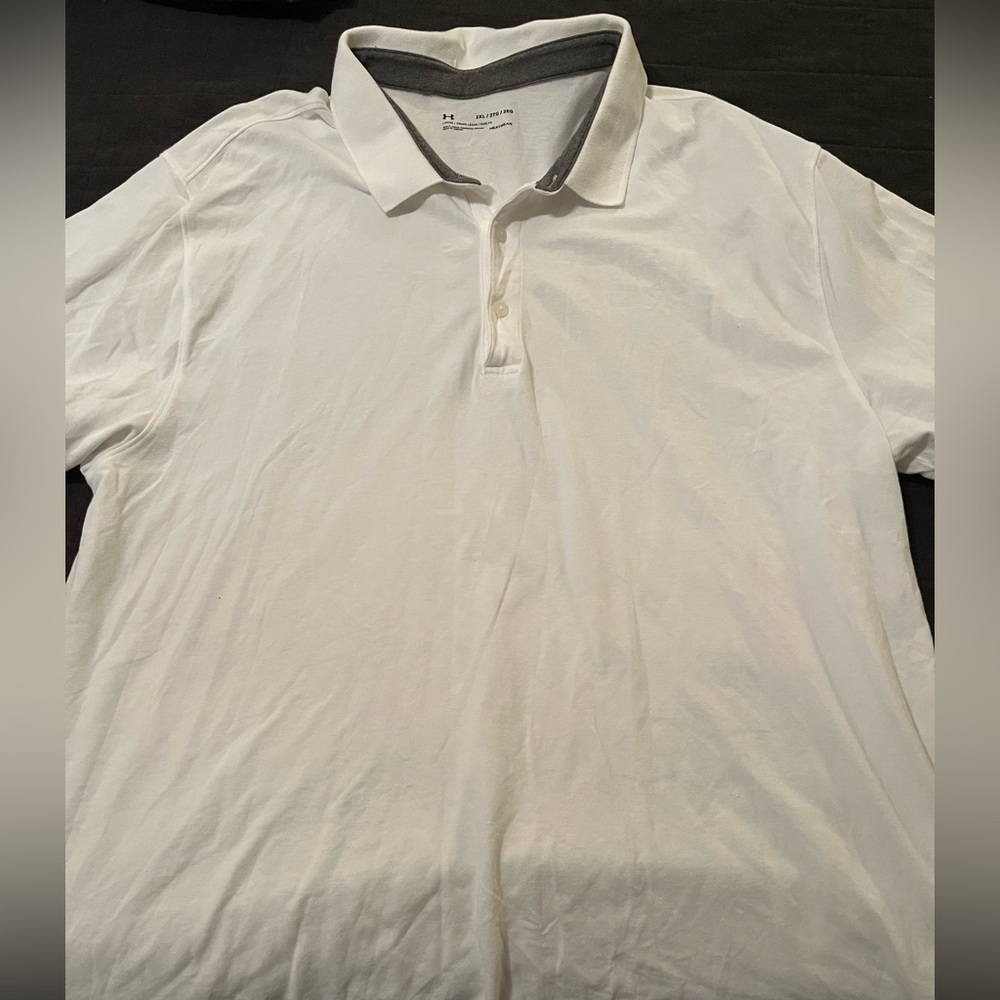 Under Armour Mens 2XL Short Sleeve Fitted Collared T Shirt White Heatgear